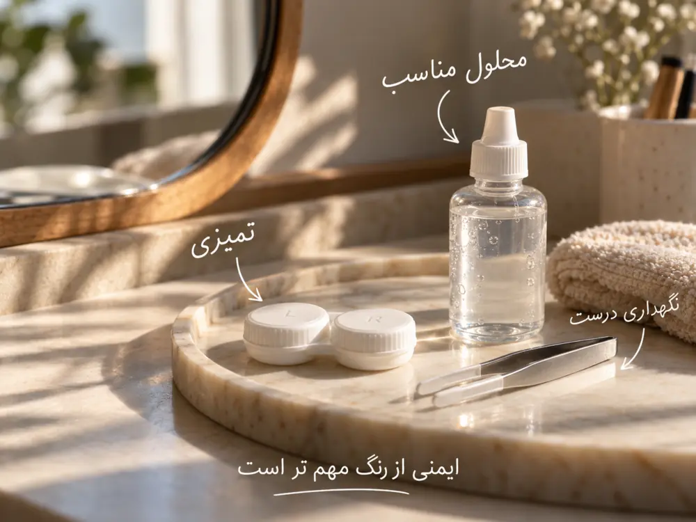 محلول، جالنزی و لوازم نگهداری صحیح لنز رنگی
